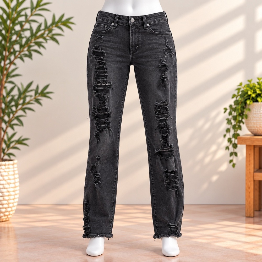 Red Fox Jeans Skinny Denim Womens 9 Black Distressed Ripped Raw Hem Streetwear